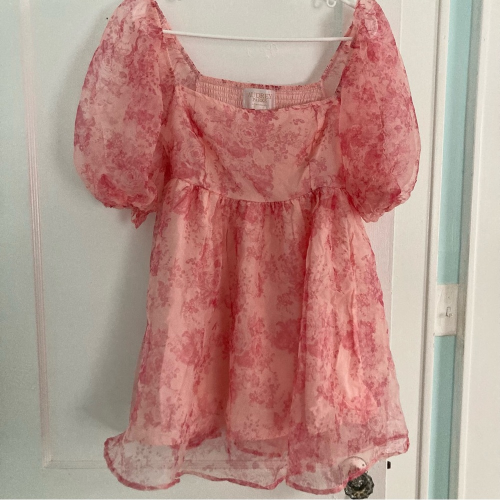 Audrey Parks + Francesca’s Rose Organza Puff Sleeve Babydoll Dress size M - Picture 2 of 6
